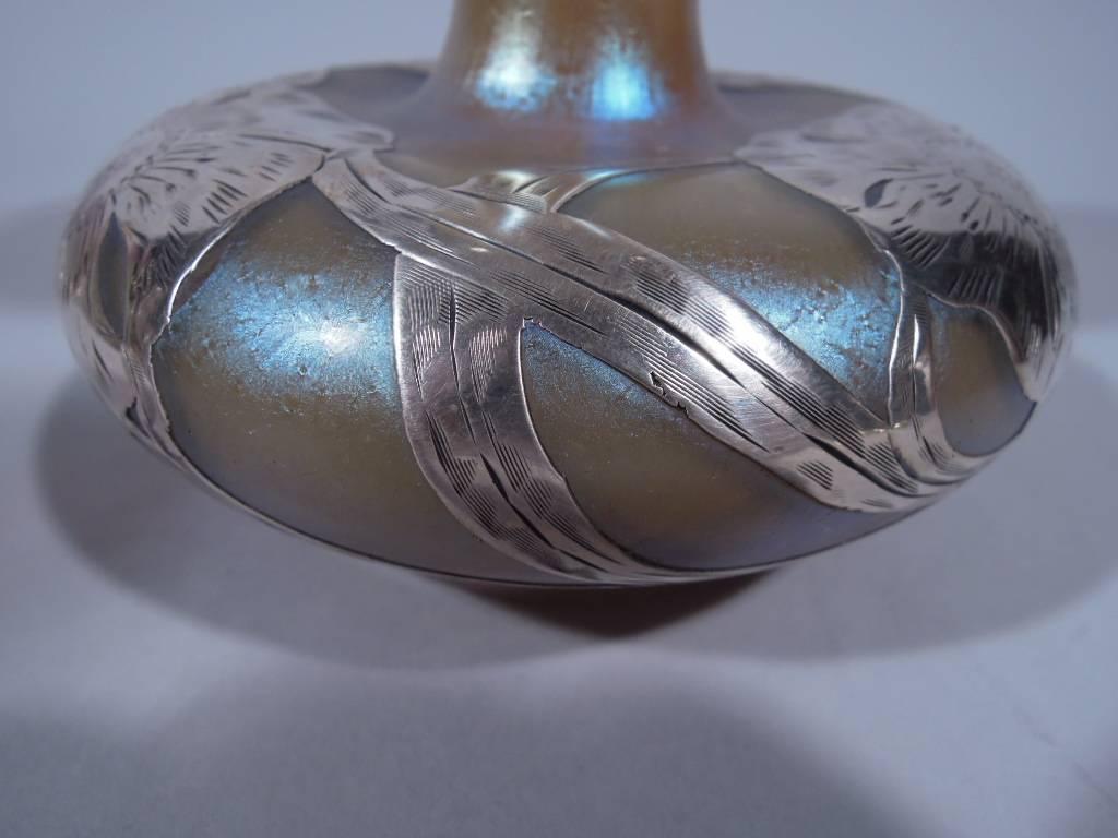 American Alvin Art Nouveau Iridescent Glass Vase with Silver Overlay