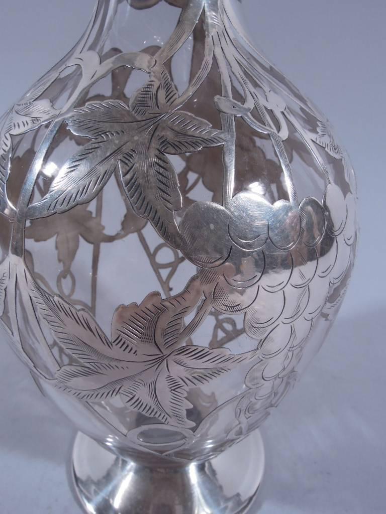 Art Nouveau Antique Silver Overlay Glass Decanter with Fruiting Grapevine