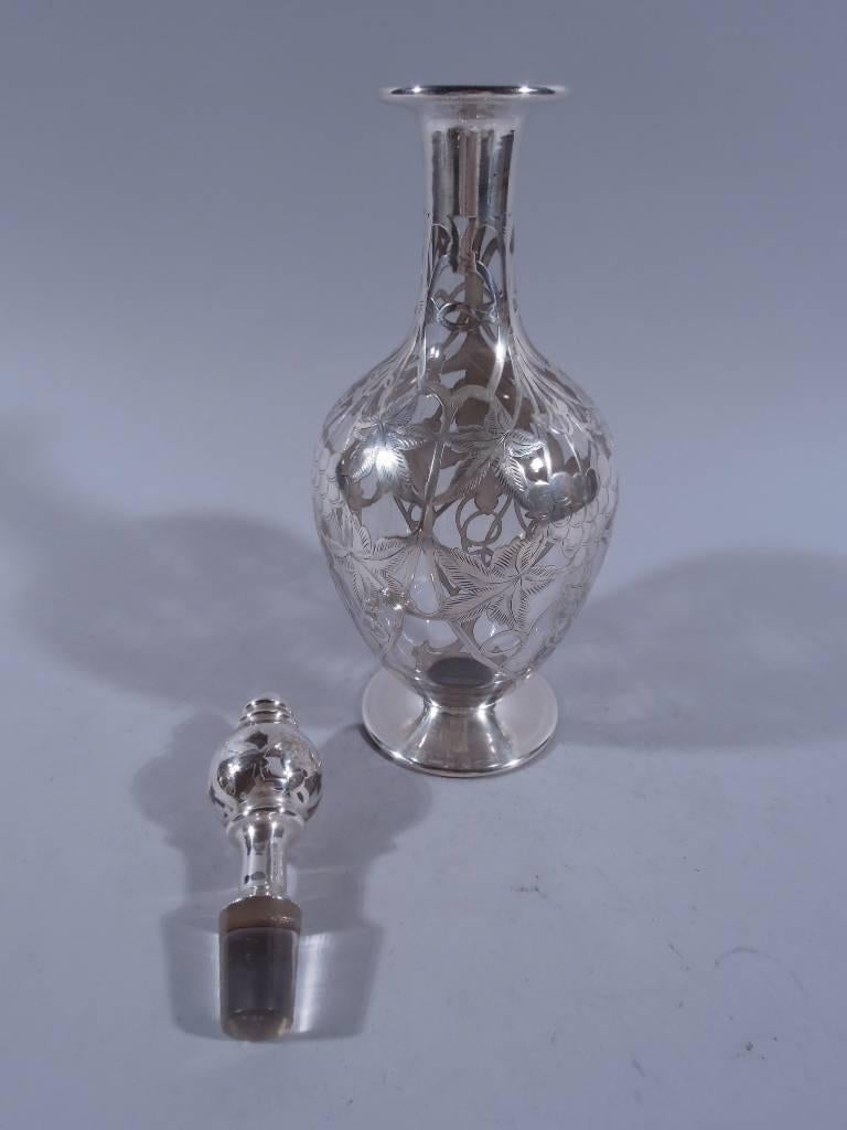 Antique Silver Overlay Glass Decanter with Fruiting Grapevine In Excellent Condition In New York, NY