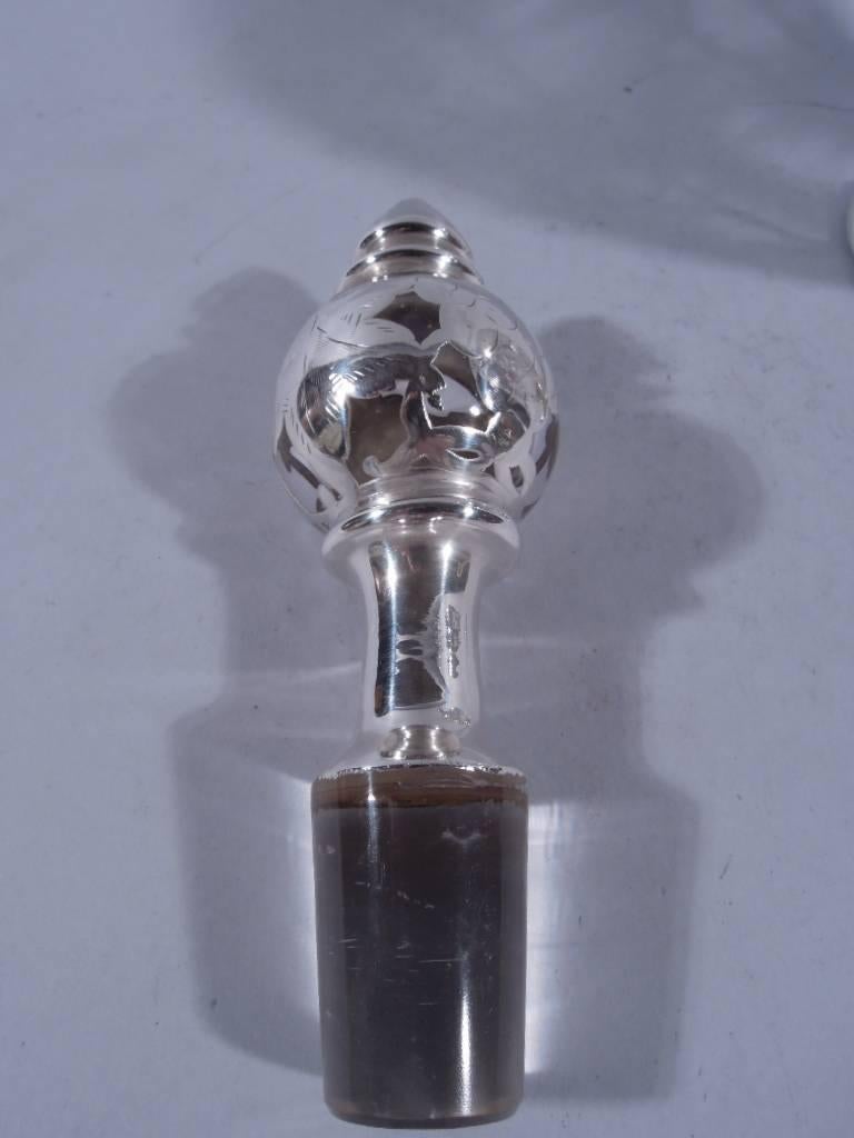 19th Century Antique Silver Overlay Glass Decanter with Fruiting Grapevine