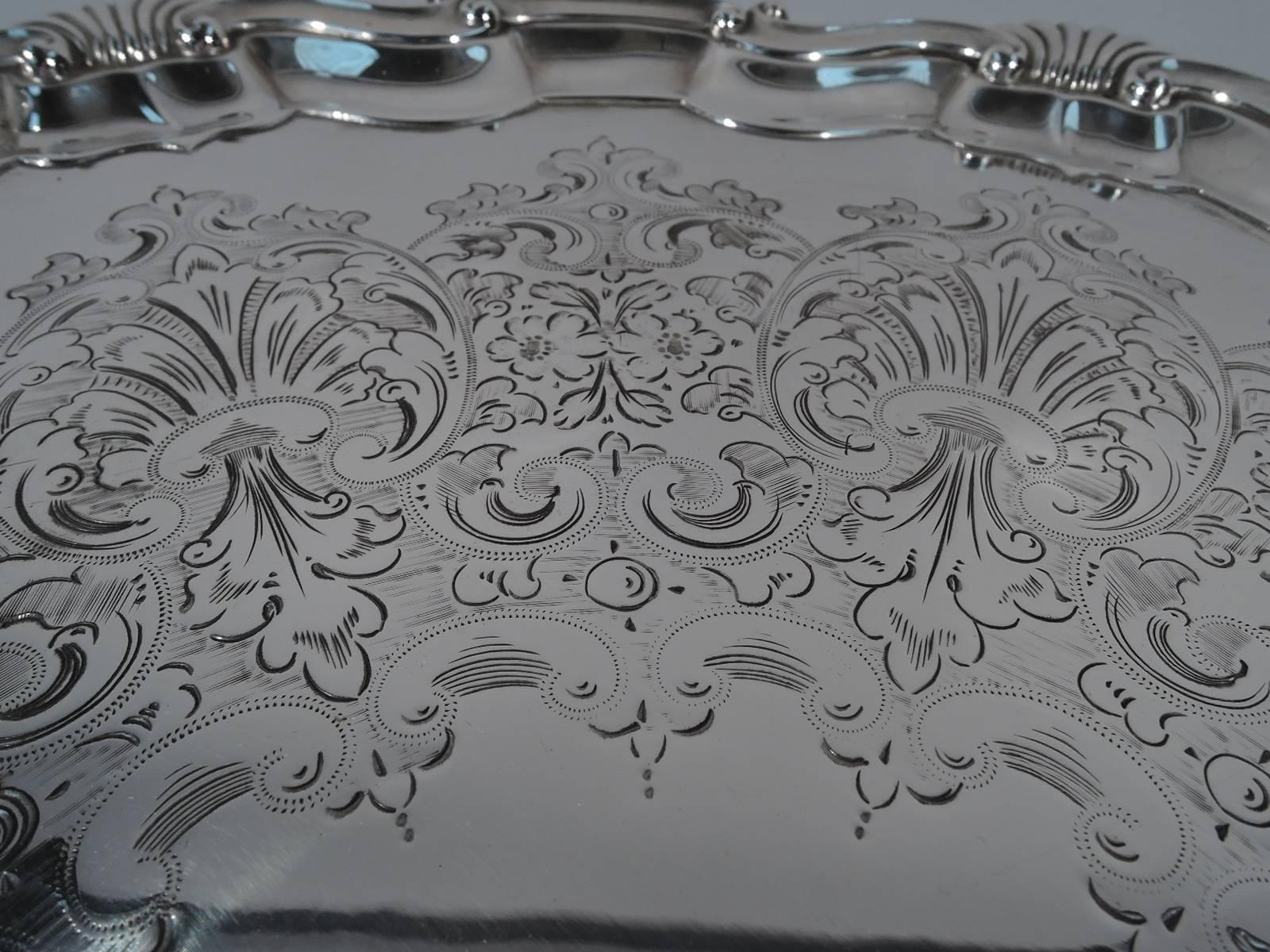English Edwardian Georgian Large and Heavy Sterling Silver Salver Tray In Excellent Condition In New York, NY