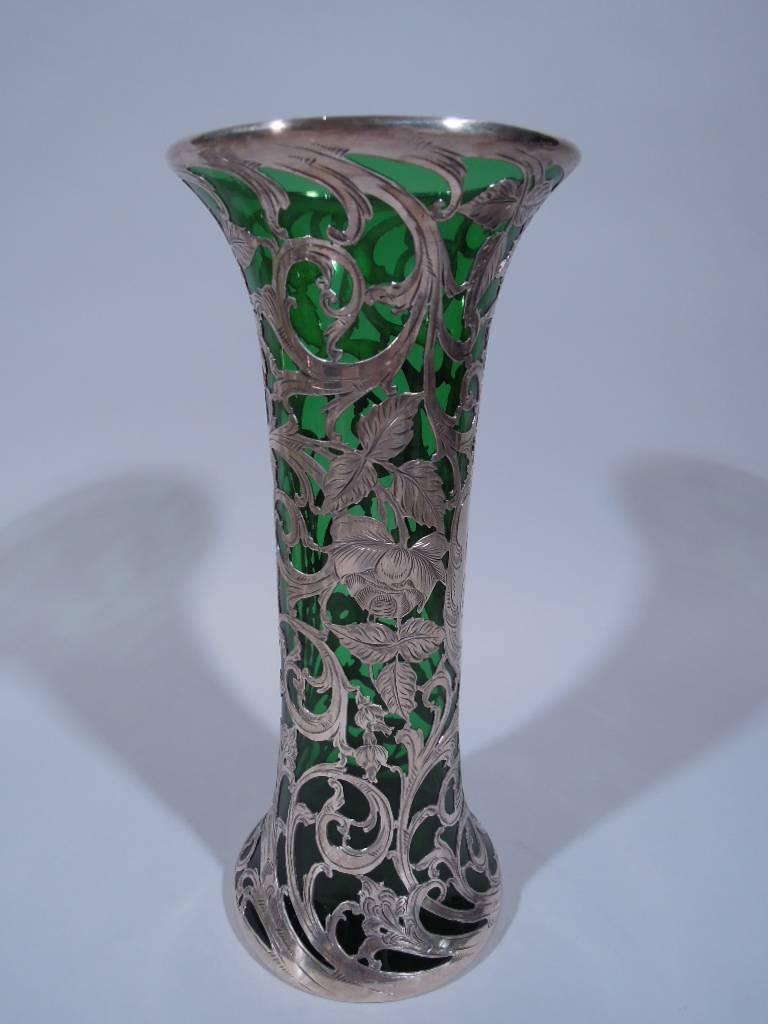 American Alvin Art Nouveau Emerald Glass Vase with Floral Silver Overlay