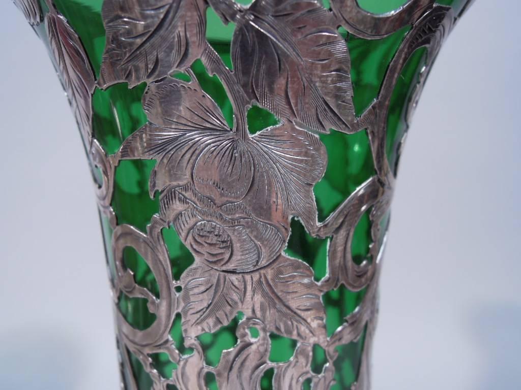 19th Century Alvin Art Nouveau Emerald Glass Vase with Floral Silver Overlay