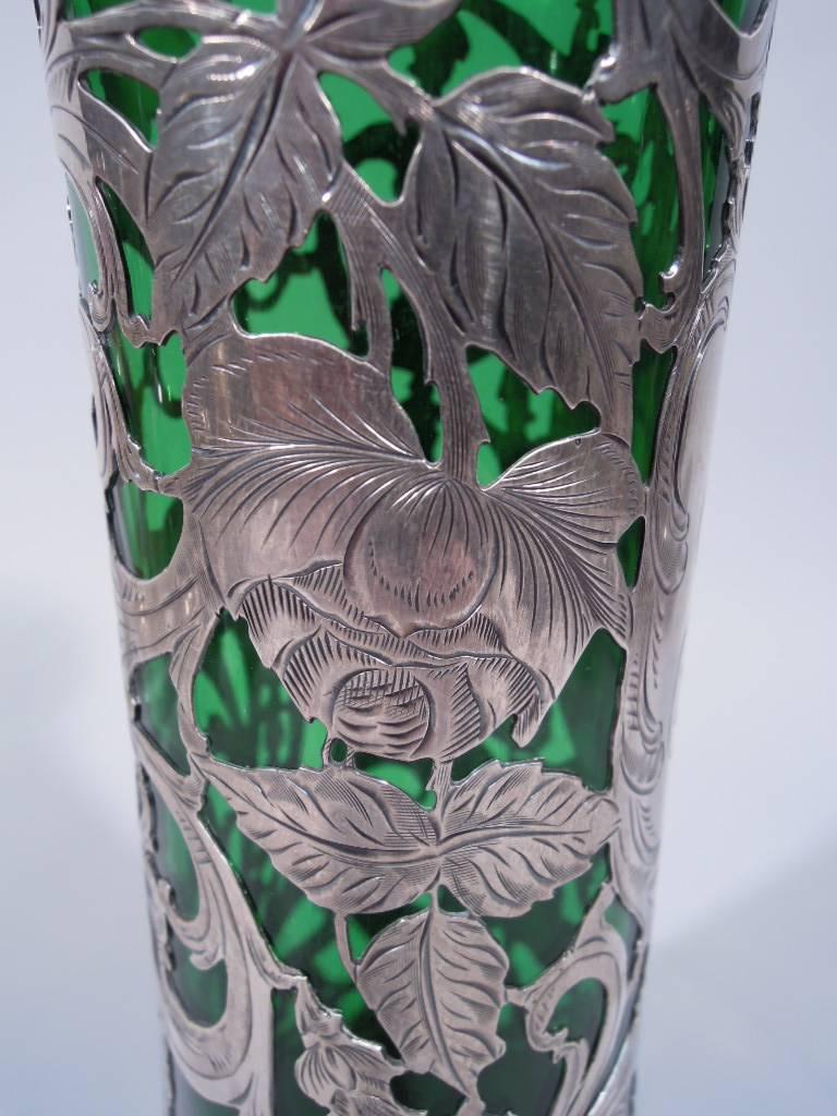 Alvin Art Nouveau Emerald Glass Vase with Floral Silver Overlay 1
