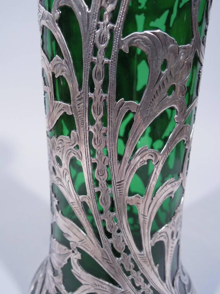 Alvin Art Nouveau Emerald Glass Vase with Floral Silver Overlay 2