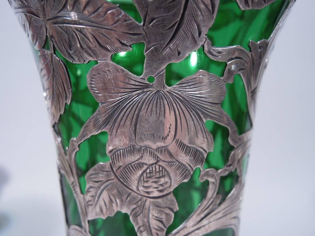Alvin Art Nouveau Emerald Glass Vase with Floral Silver Overlay 3