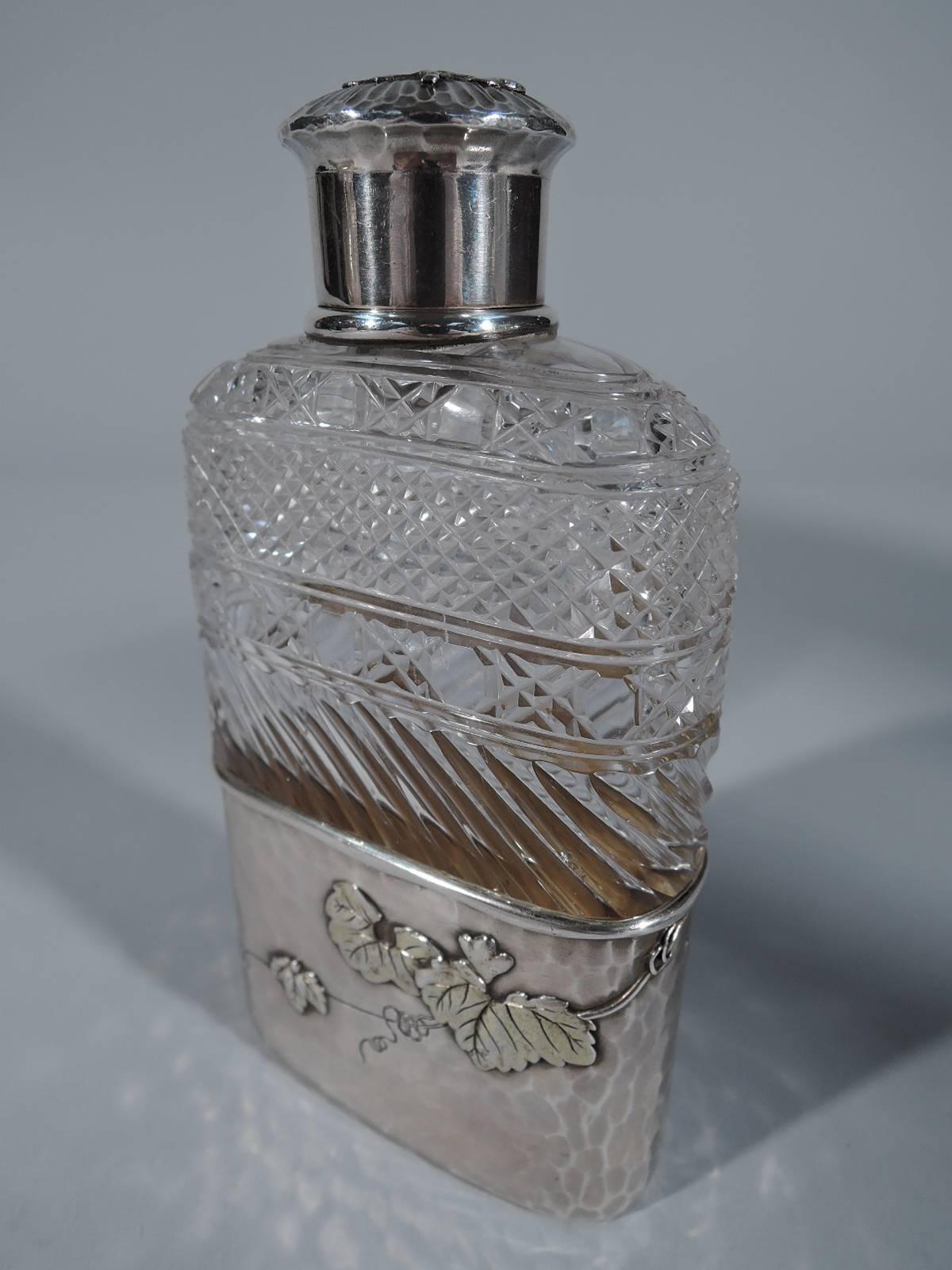 Japonisme Tiffany Japonesque Brilliant-Cut Glass and Applied Sterling Silver Flask