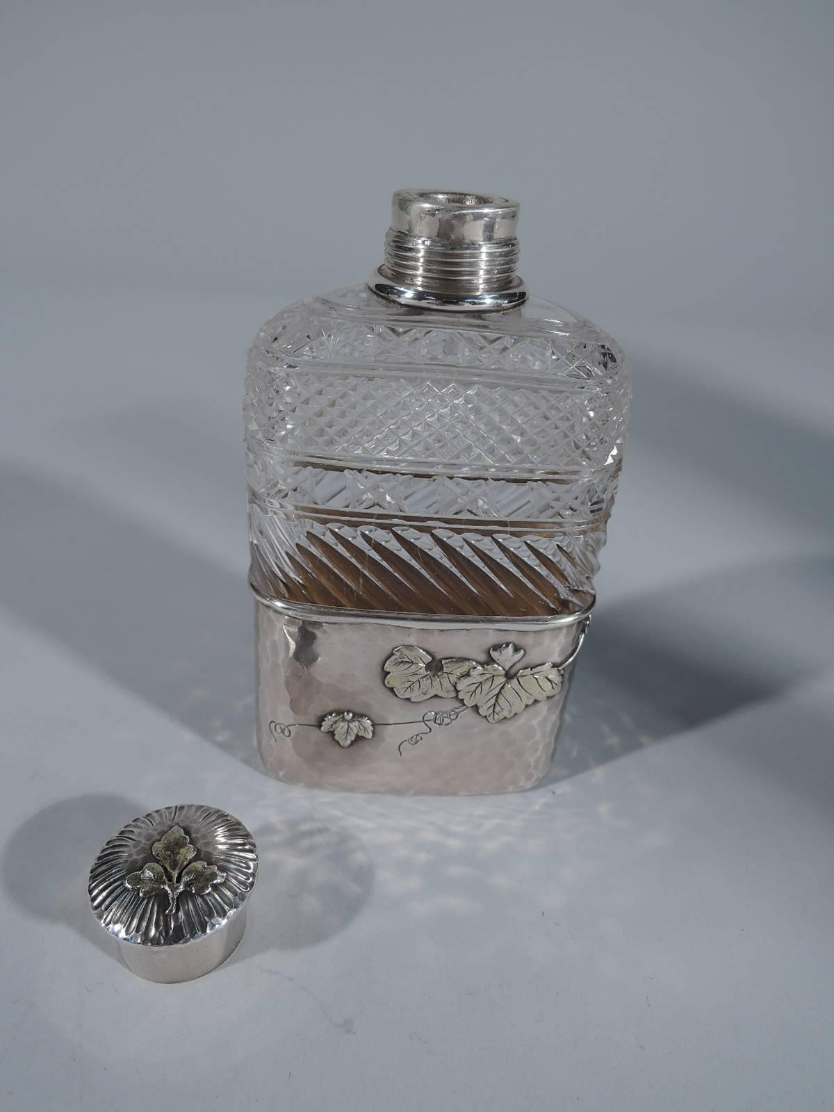 American Tiffany Japonesque Brilliant-Cut Glass and Applied Sterling Silver Flask