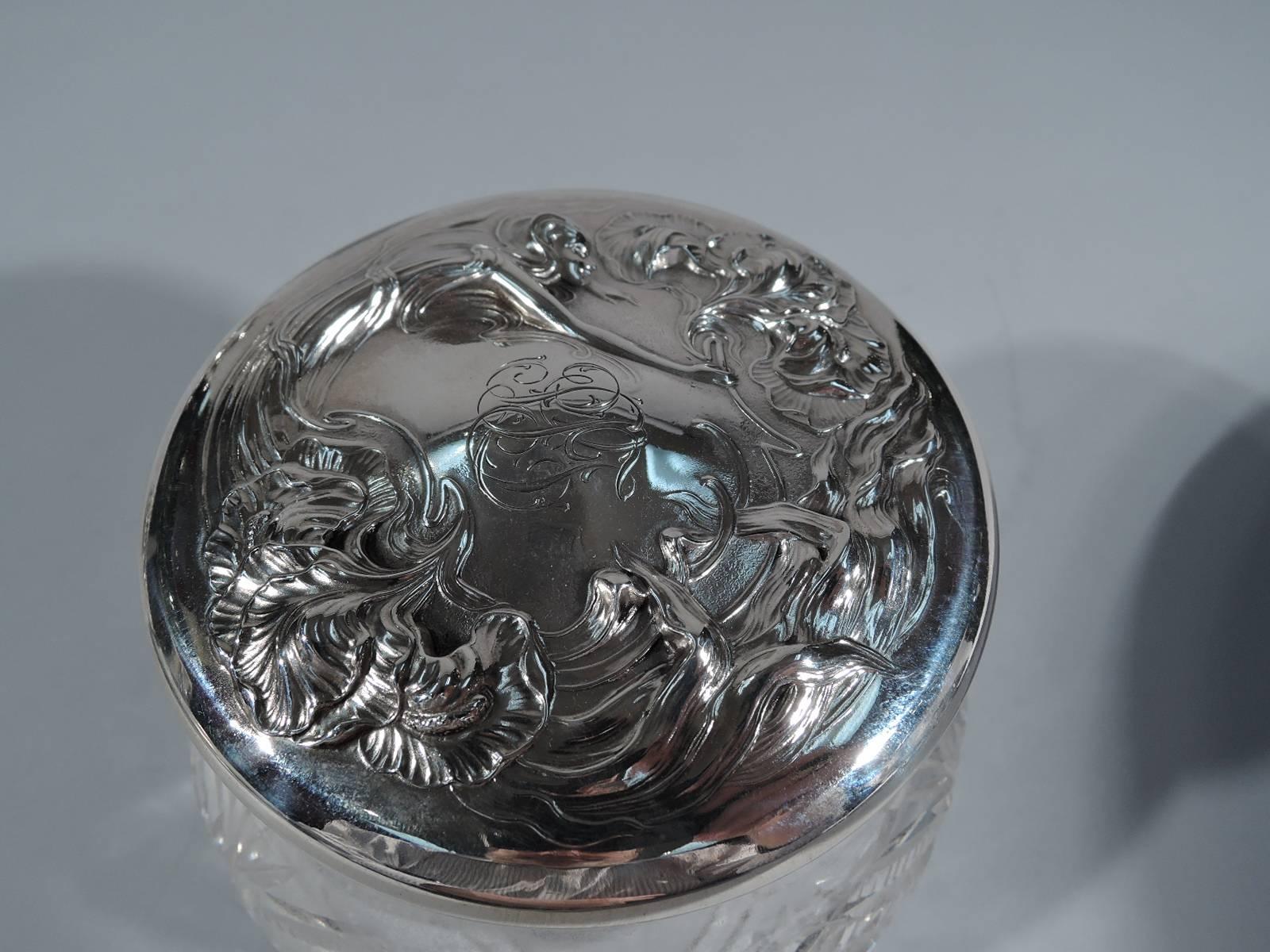 American Unger Bros. Sterling Silver Powder Jar with Art Nouveau Siren