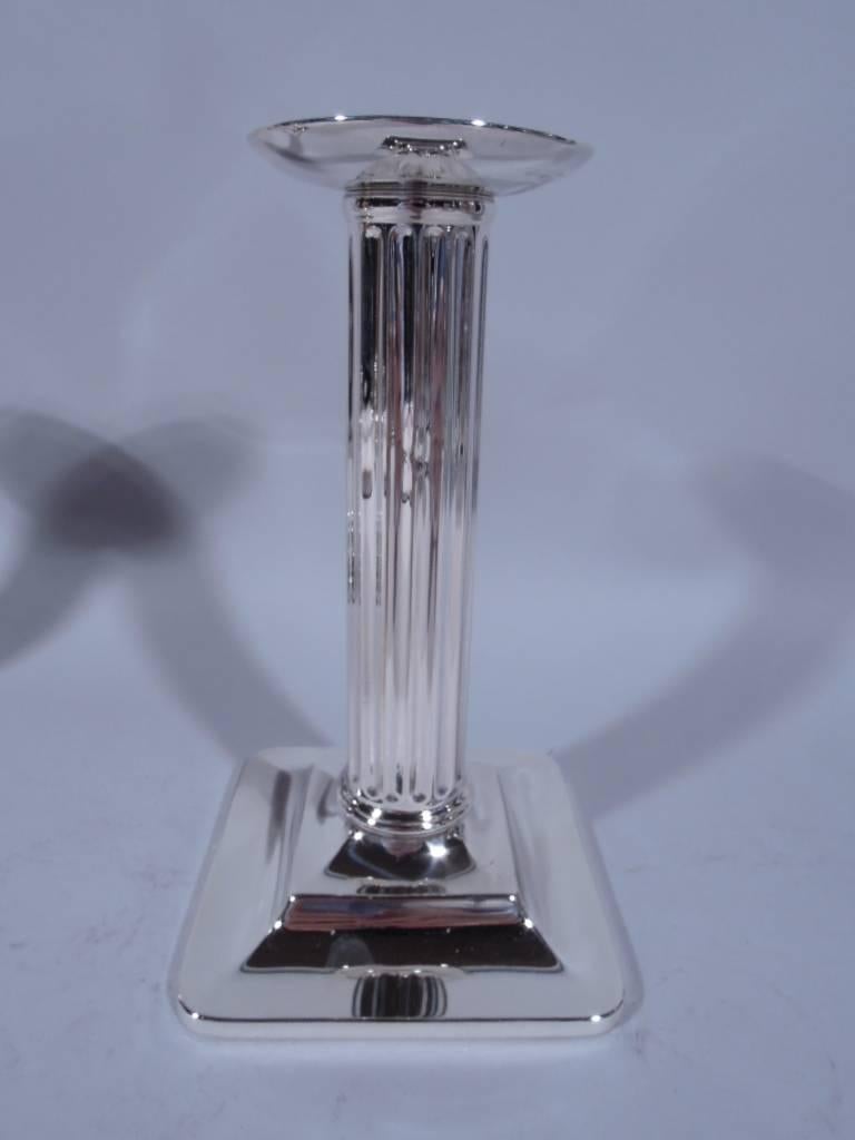 Edwardian Pair of Tiffany Sterling Silver Modern Classical Column Candlesticks