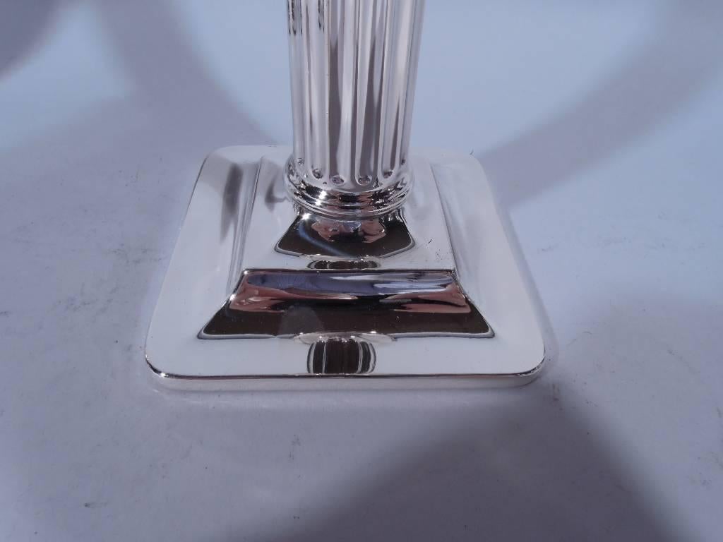 Pair of Tiffany Sterling Silver Modern Classical Column Candlesticks In Excellent Condition In New York, NY