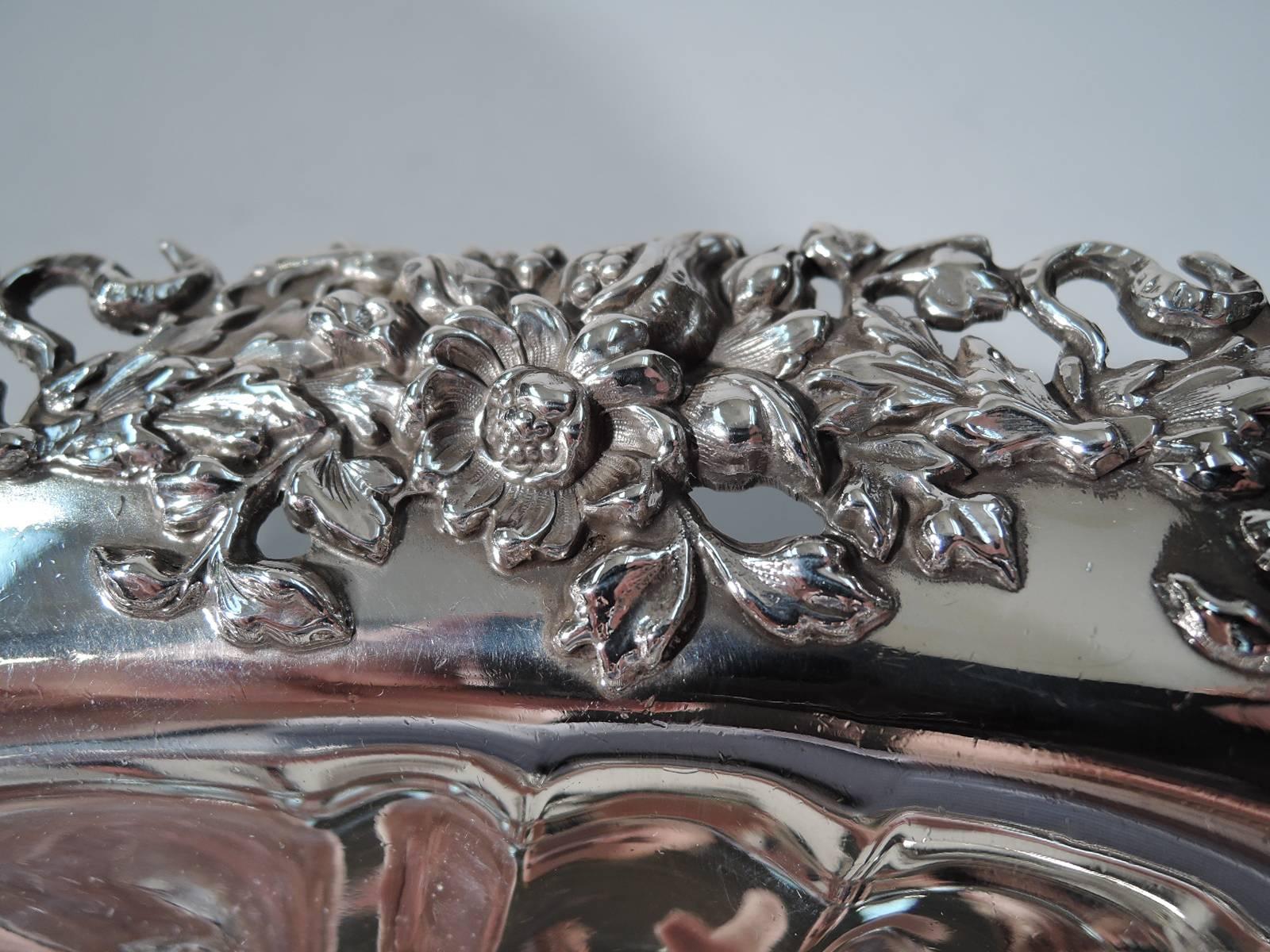 Victorian American Sterling Silver Serving Bowl with Fancy Flowers by Mauser