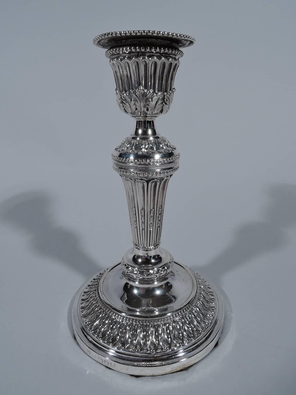 Neoclassical Revival Pair of English Neoclassical Sterling Silver Column Candlesticks