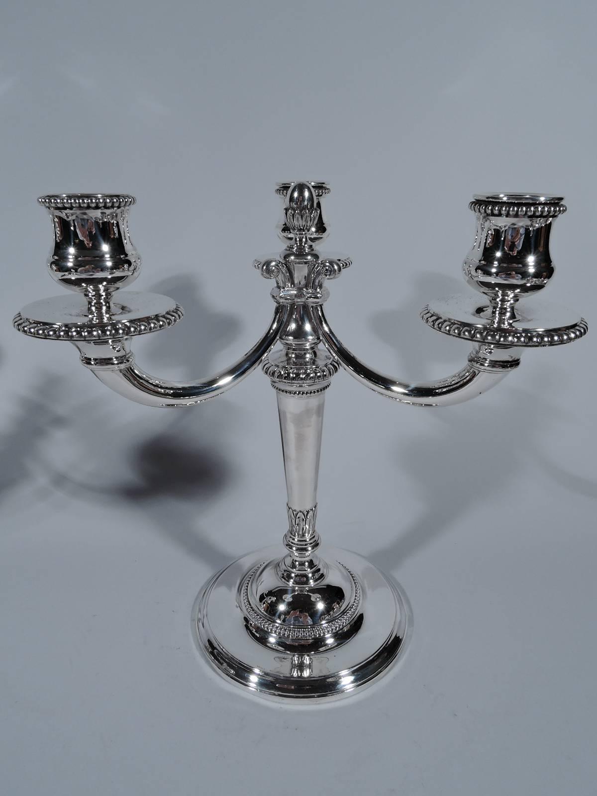 Art Deco Pair of Cartier French Silver Three-Light Modern Classical Candelabra