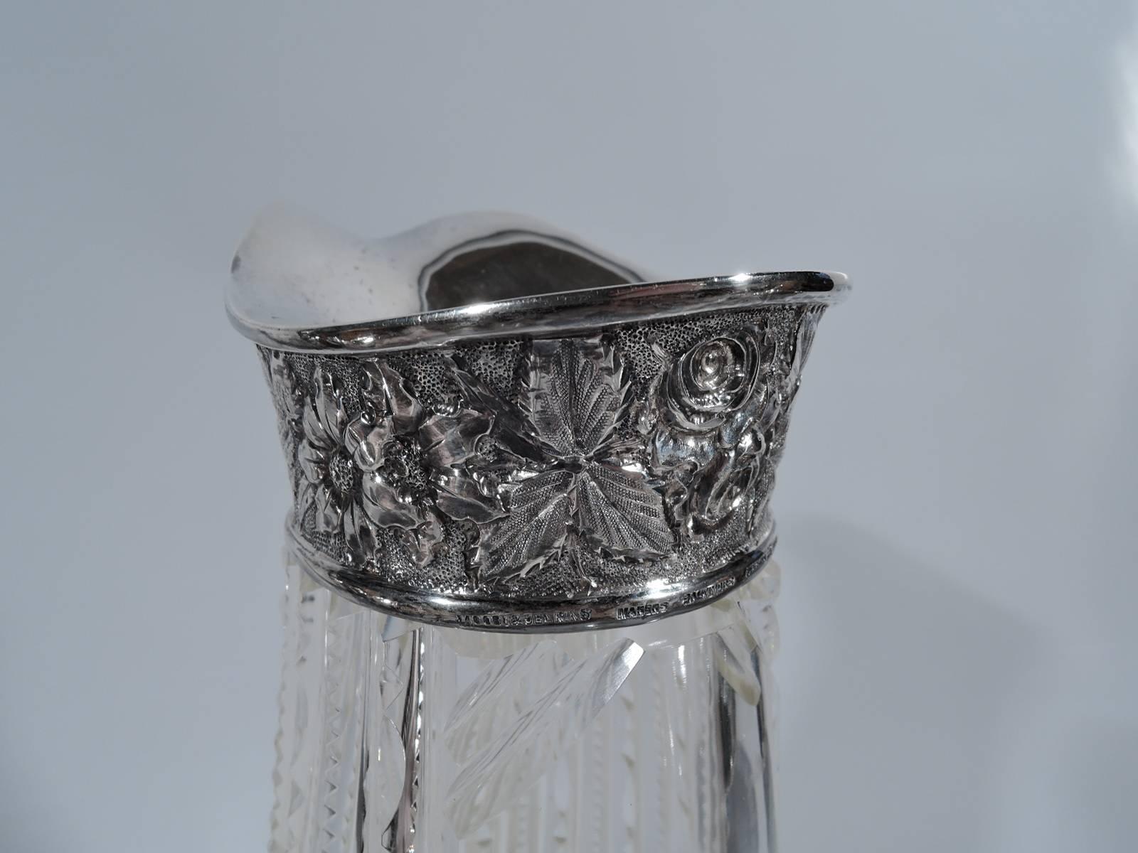 American Brilliant Cut Glass Claret Jug with Baltimore Repousse Silver In Excellent Condition In New York, NY