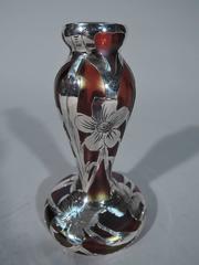 Alvin Iridescent Glass Bud Vase with Floral Silver Overlay