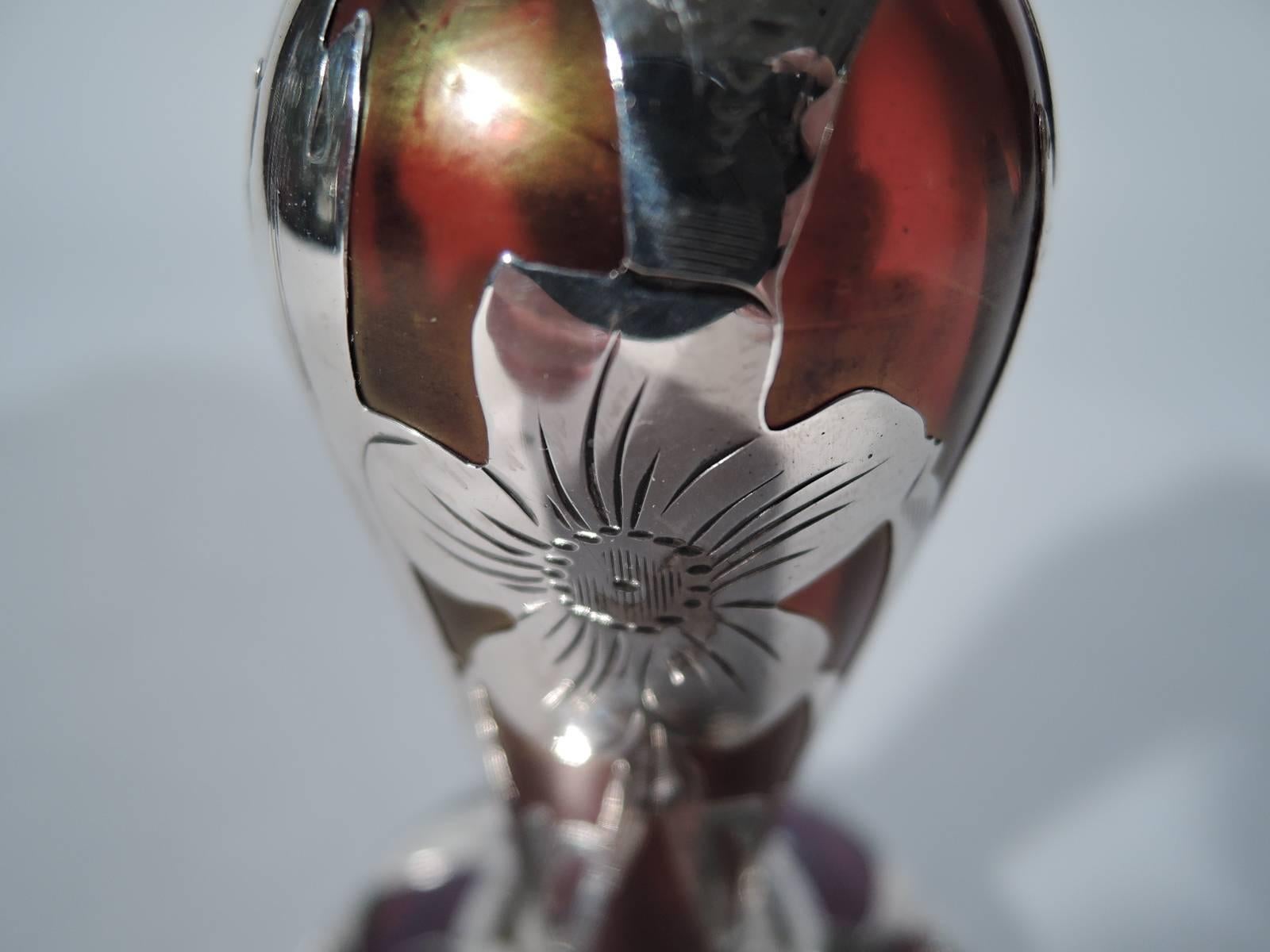 Art Nouveau Alvin Iridescent Glass Bud Vase with Floral Silver Overlay