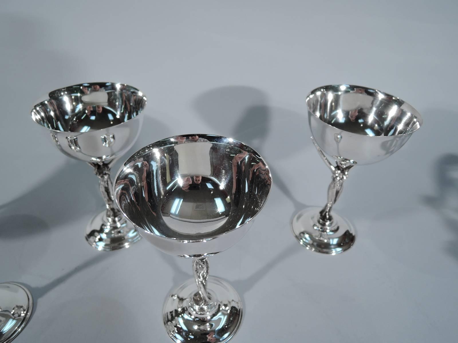 Art Deco Set of Six Jazz Age Silver Cocktail Cups with Glamour Girl Caryatid Stem