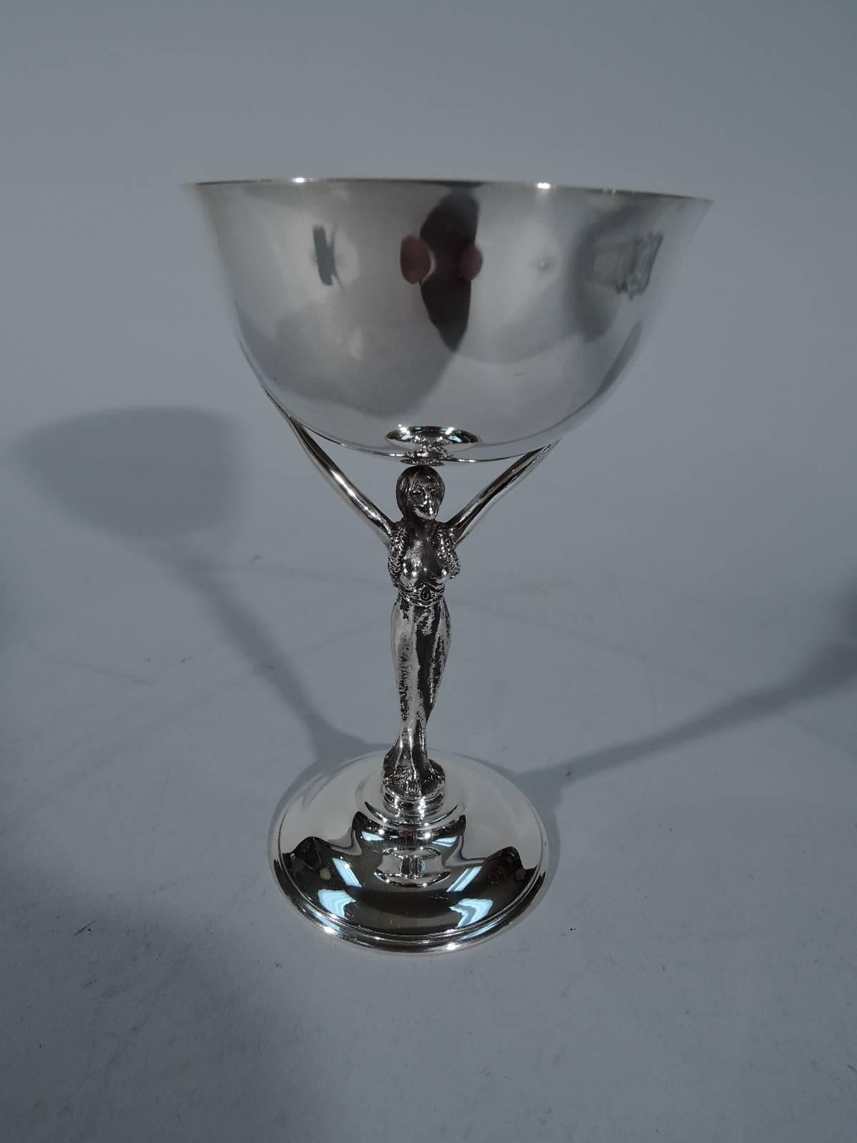 American Set of Six Jazz Age Silver Cocktail Cups with Glamour Girl Caryatid Stem