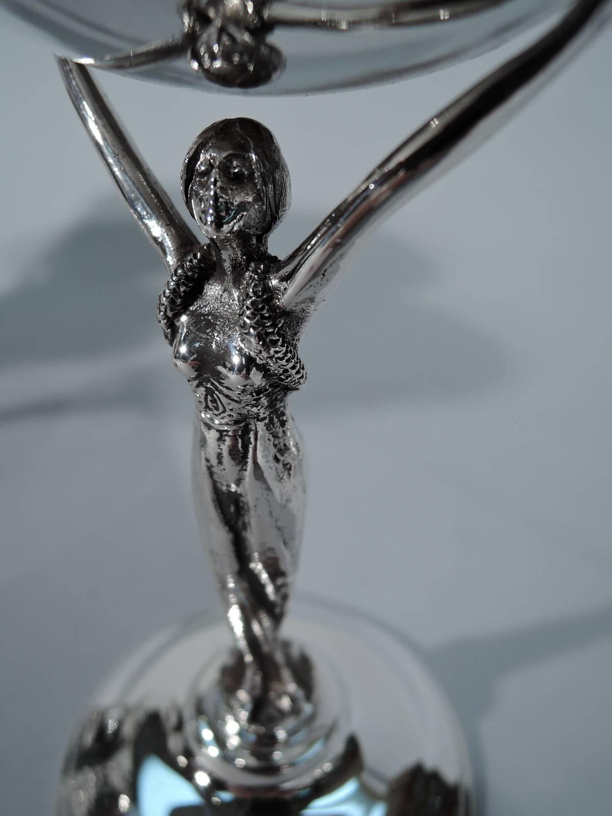 Set of Six Jazz Age Silver Cocktail Cups with Glamour Girl Caryatid Stem In Excellent Condition In New York, NY