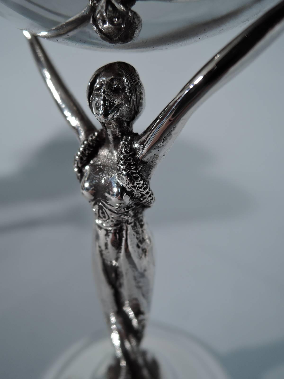 20th Century Set of Six Jazz Age Silver Cocktail Cups with Glamour Girl Caryatid Stem
