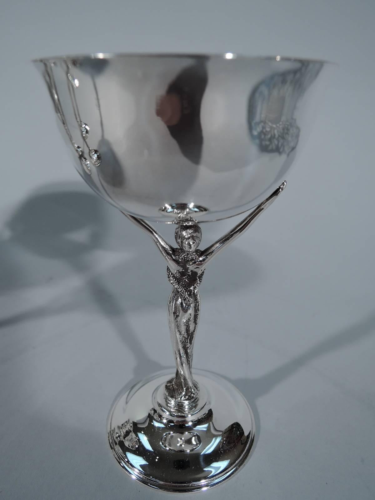 Sterling Silver Set of Six Jazz Age Silver Cocktail Cups with Glamour Girl Caryatid Stem