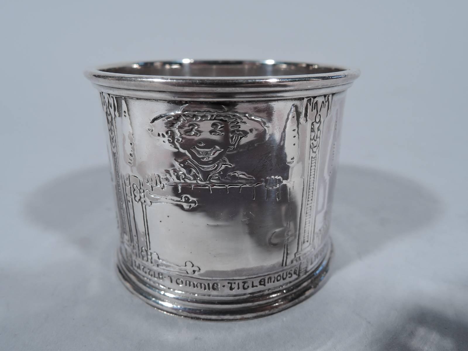Sterling silver napkin ring with nursery rhyme theme. Made by Gorham in Providence, ca 1910. Little Tommy Tittlemouse is depicted in 4 frames, including one that shows him pursued by the club-wielding man who has Caught Him Fishing in Other Men’s