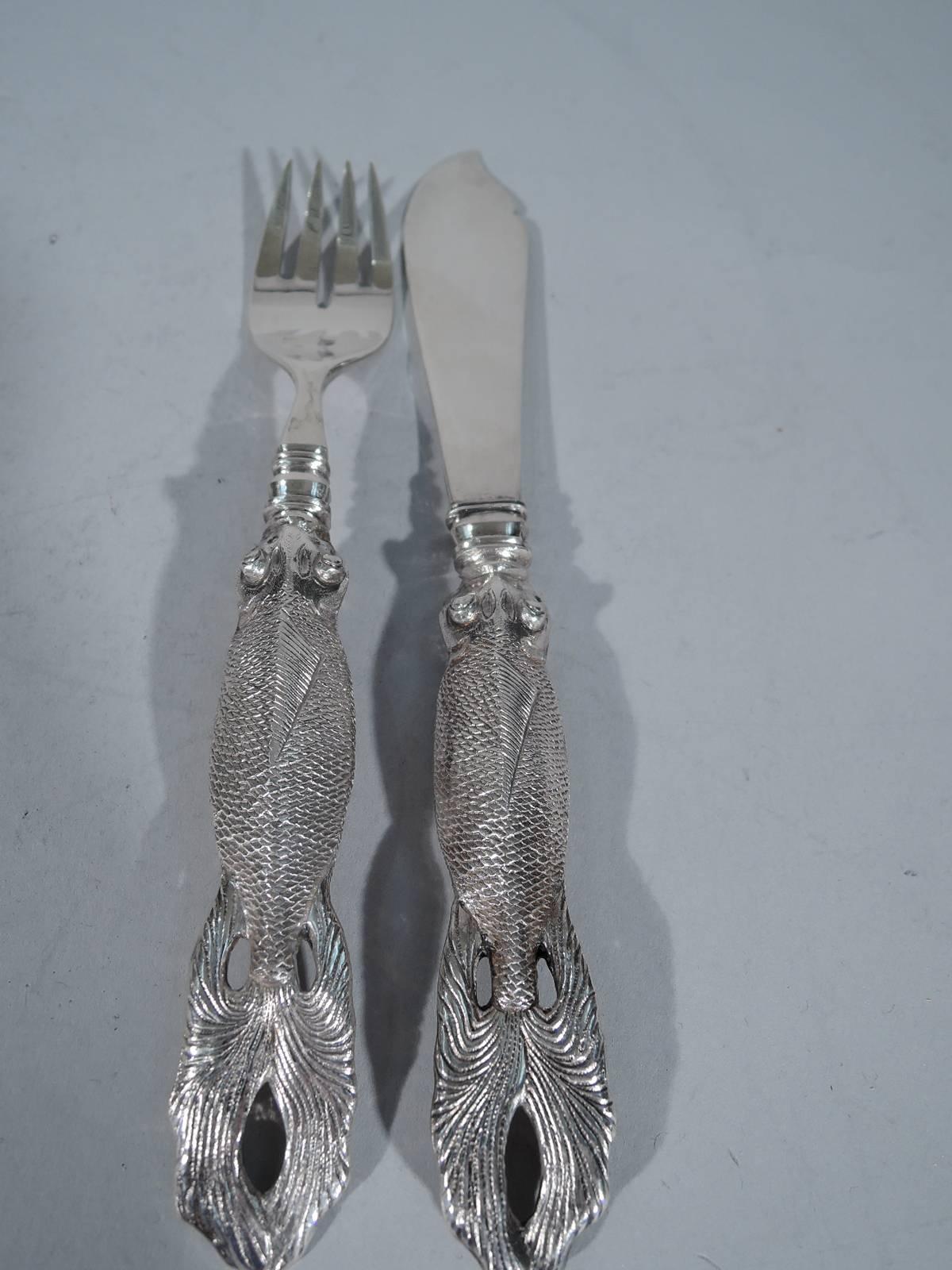 20th Century Chinese Export Silver Fish Set for Six with Figural Carp Handles
