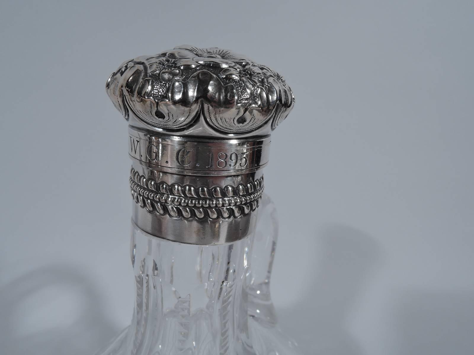 Victorien Carafe Flask de lune Gorham en verre taillé brillant et argent sterling en vente