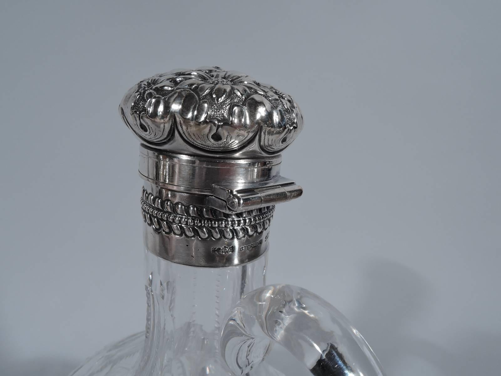 Américain Carafe Flask de lune Gorham en verre taillé brillant et argent sterling en vente