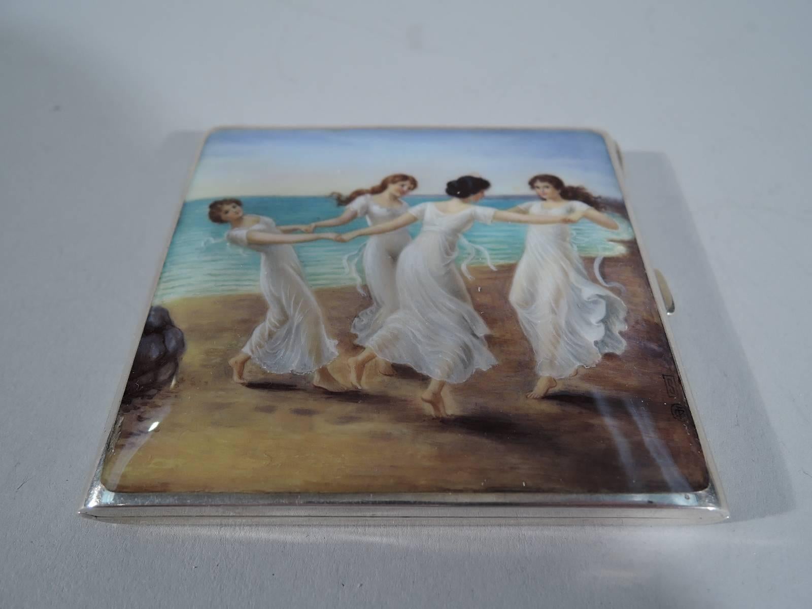 German 935 silver and enamel cigarette case, circa 1920. Rectangular and hinged. On cover enamel beach with four graces in diaphanous gowns dancing in a circle. On back engine-turned ornament. Interior lightly gilt. Hallmarked. 
Weight: 4.5 troy