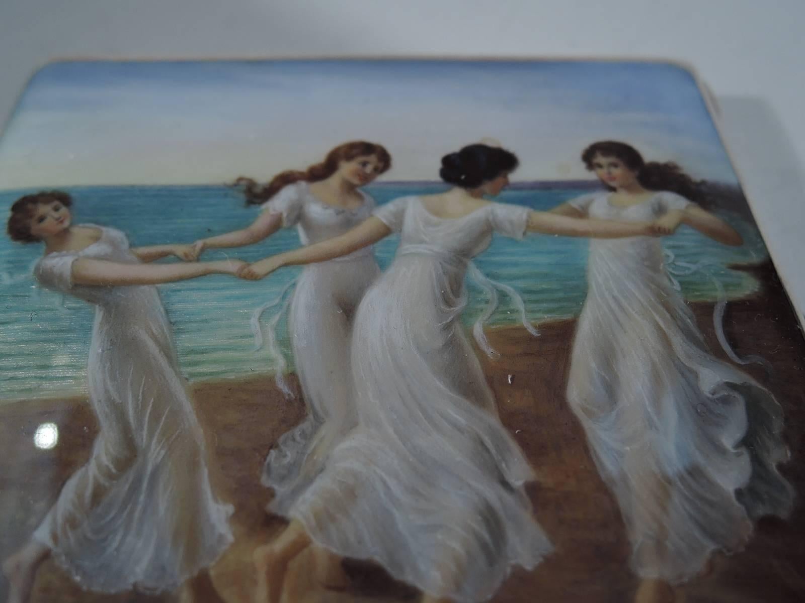 Neoclassical Revival Antique German Silver and Enamel Cigarette Case with Classical Dancing Graces
