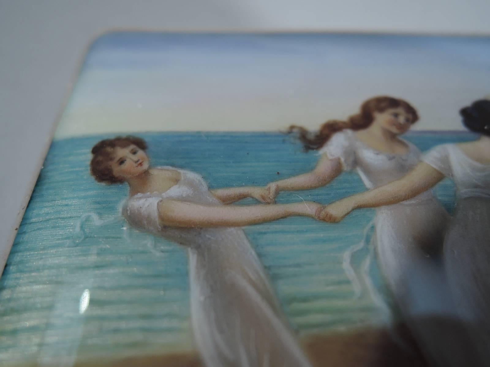 Antique German Silver and Enamel Cigarette Case with Classical Dancing Graces In Excellent Condition In New York, NY
