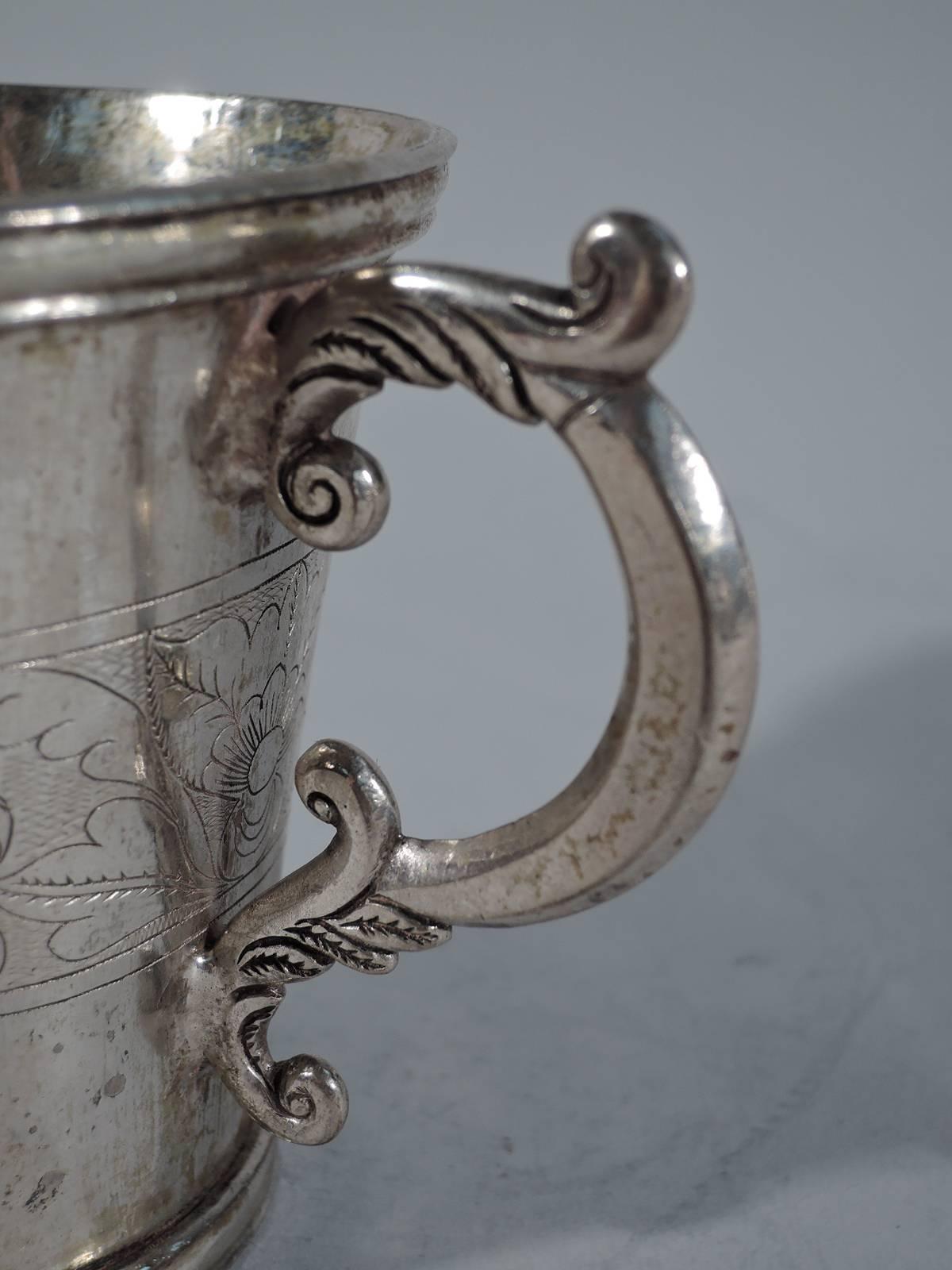 Spanish Colonial Antique South American Silver Mug with Figures and Flowers