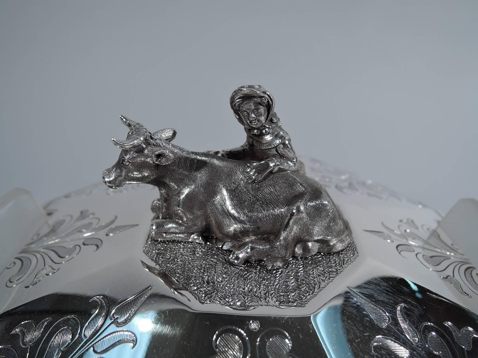 Victorian sterling silver and frosted covered glass butter dish on plate. Made by George Angell in London in 1849. Bowl frosted glass with tapering faceted sides and top bracket handles. Cover tapering and faceted with engraved scrollwork and 1