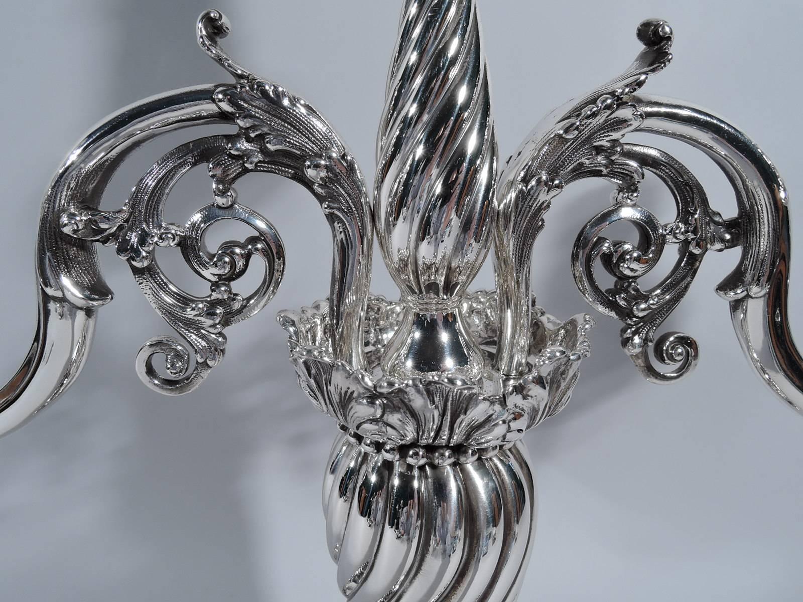 Pair of Tiffany Gilded Age Sterling Silver Three-Light Candelabra In Excellent Condition In New York, NY