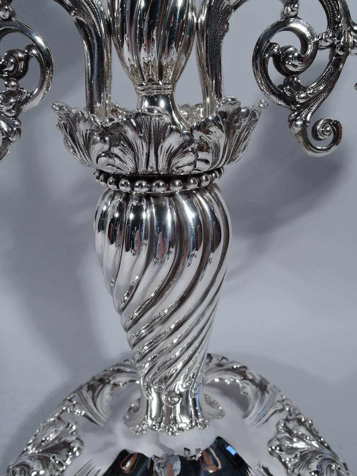 19th Century Pair of Tiffany Gilded Age Sterling Silver Three-Light Candelabra