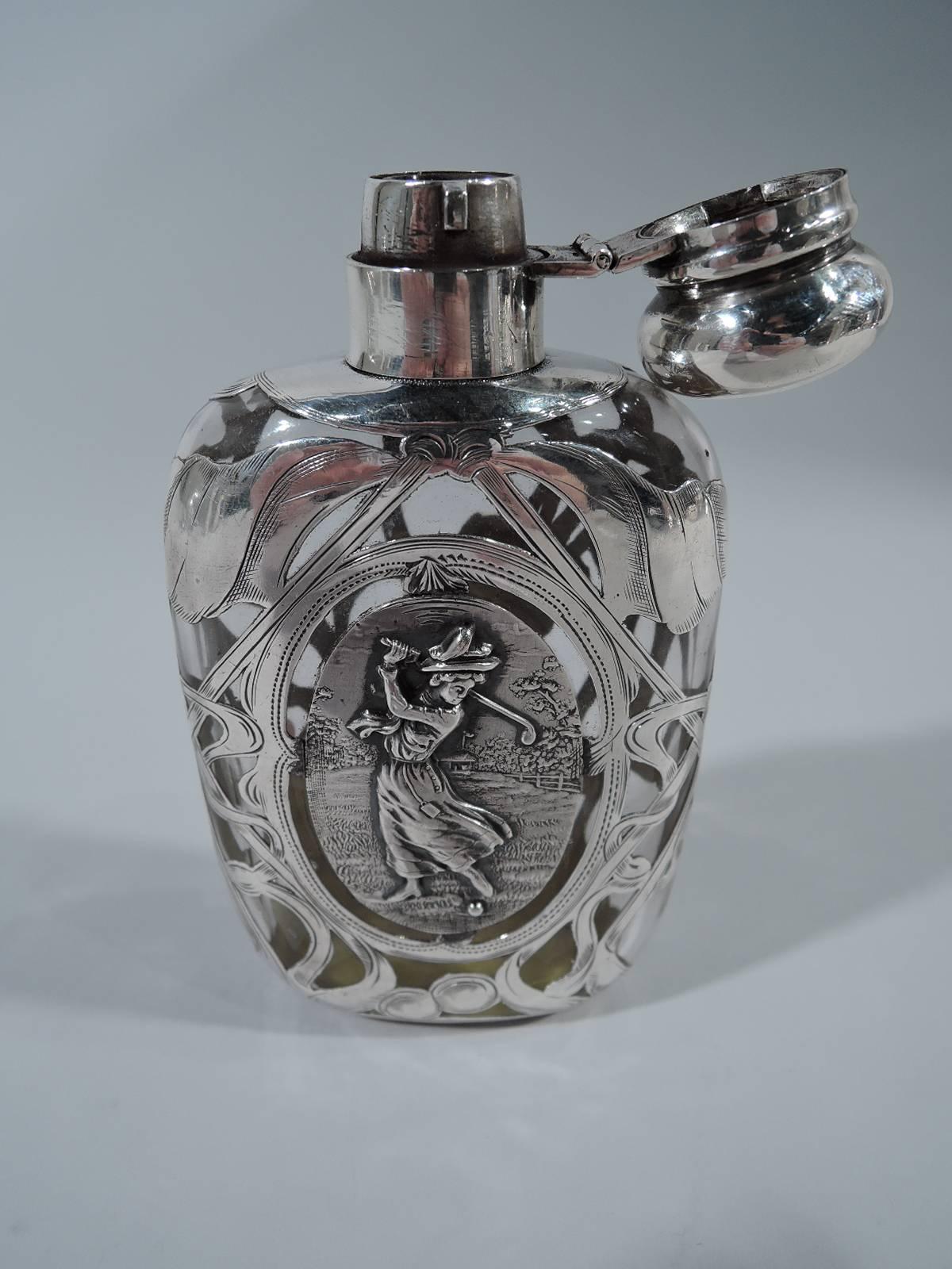 American Antique Silver Overlay Flask with Lady Golfer