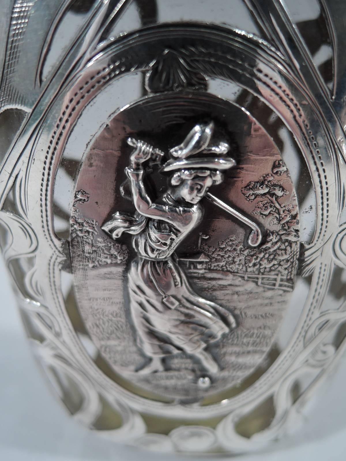 Antique Silver Overlay Flask with Lady Golfer 1