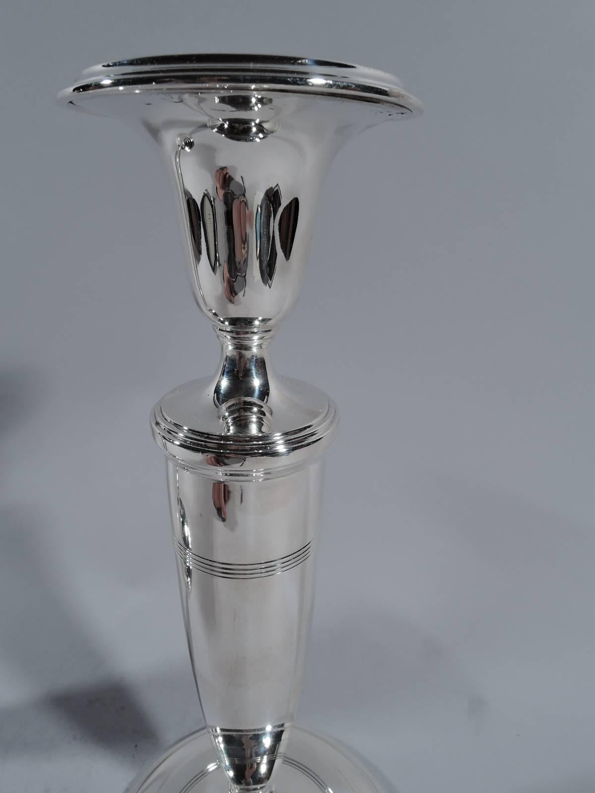 American Pair of Tiffany Modern Classic Sterling Silver Candlesticks
