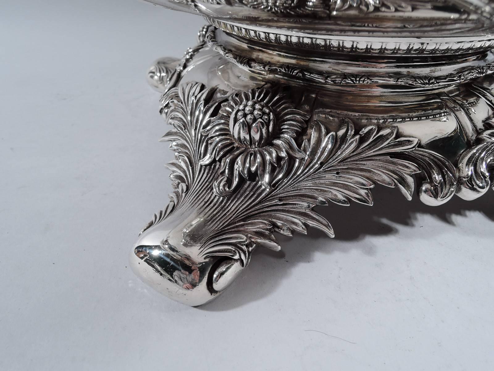 19th Century Very Desirable Tiffany Chrysanthemum Sterling Silver Punchbowl and Ladle