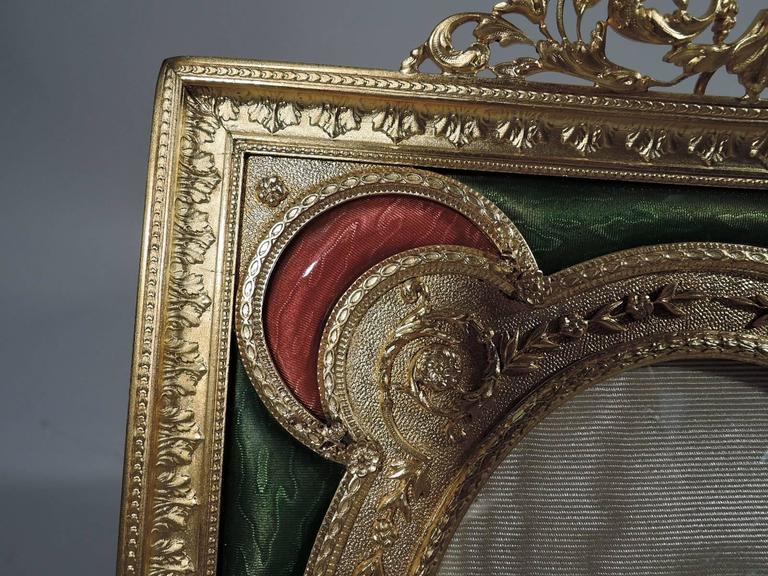 Antique French Gilt Bronze Picture Frame with Pink and Green Enamel For