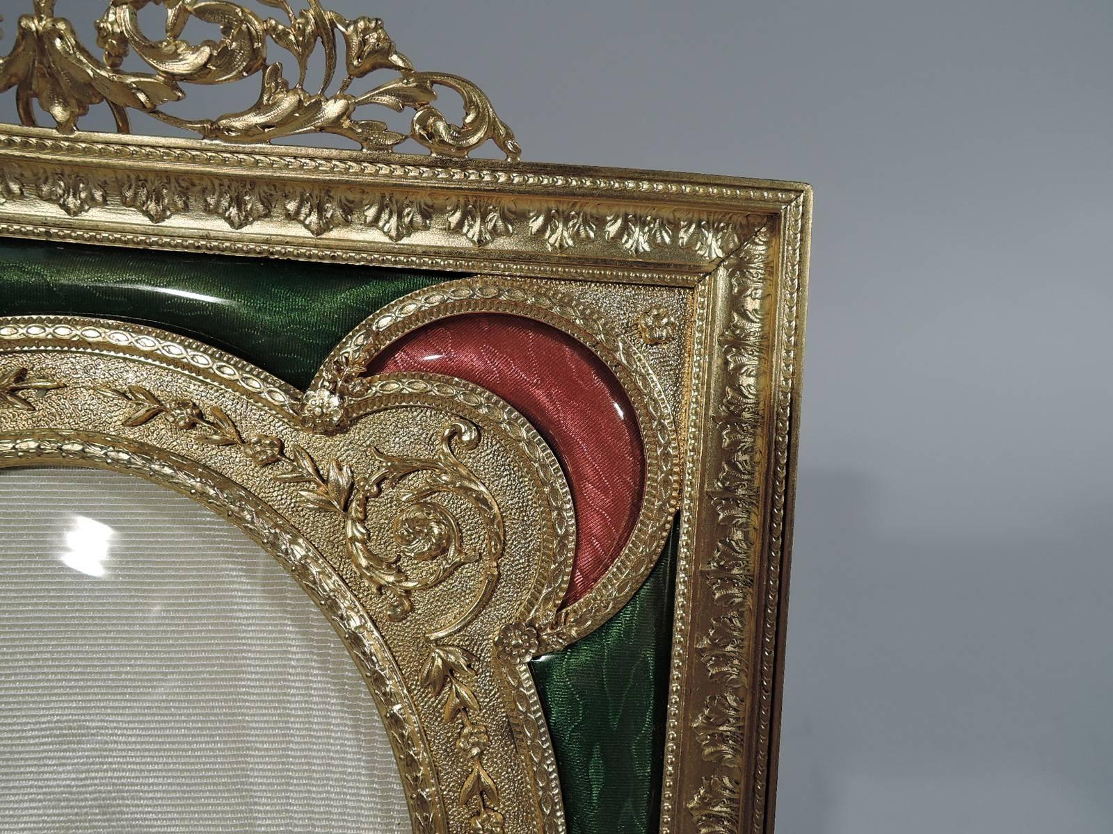 19th Century Antique French Gilt Bronze Picture Frame with Pink and Green Enamel