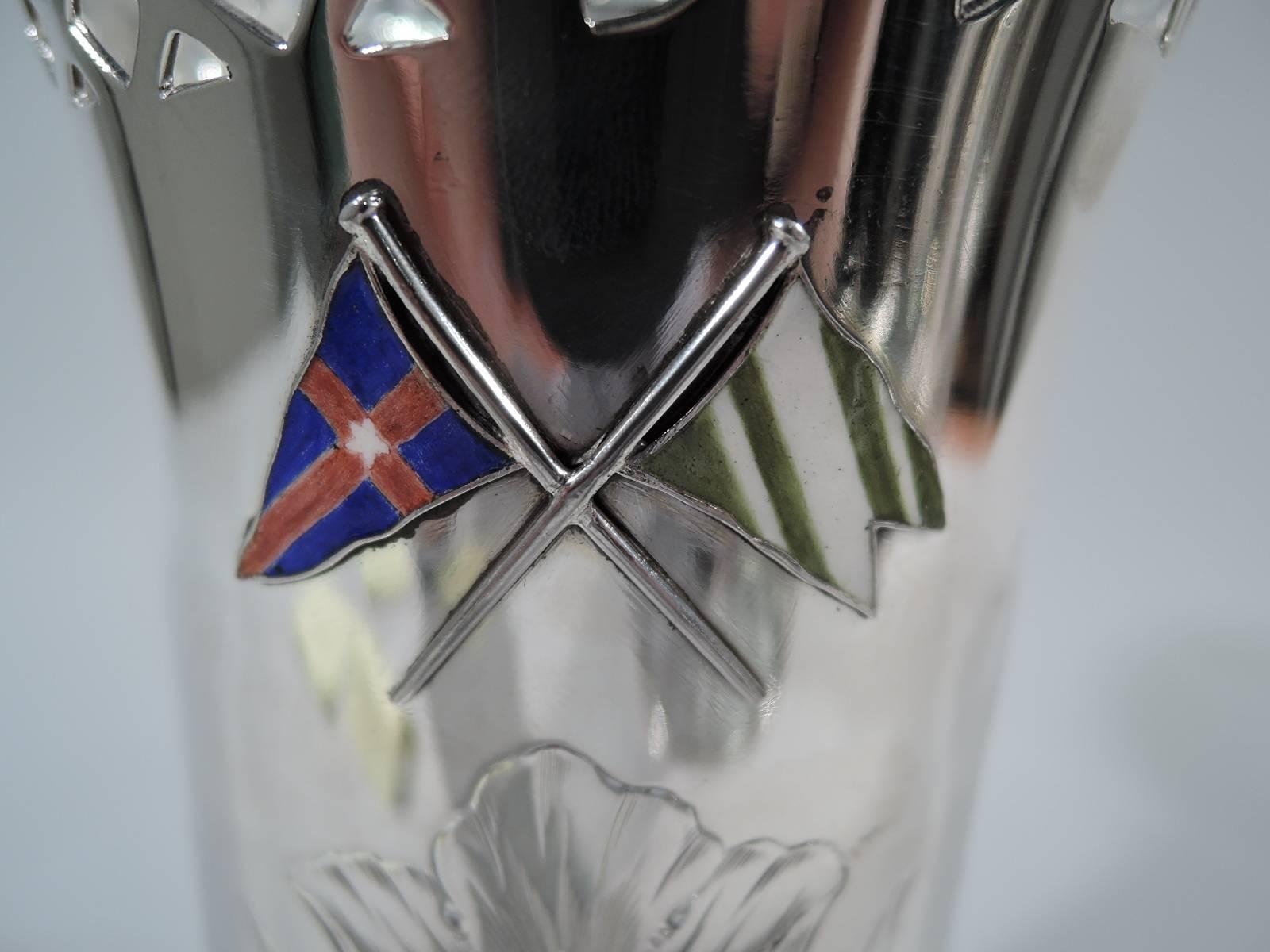 20th Century Antique American Art Nouveau Sterling Silver Vase with Enamel Flags