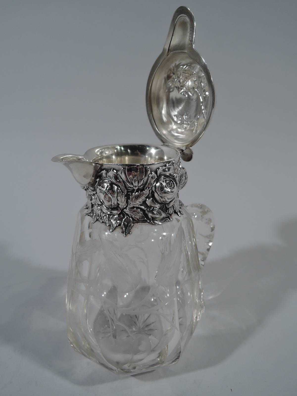 Victorian Antique American Repousse Sterling Silver and Etched Glass Syrup Jug