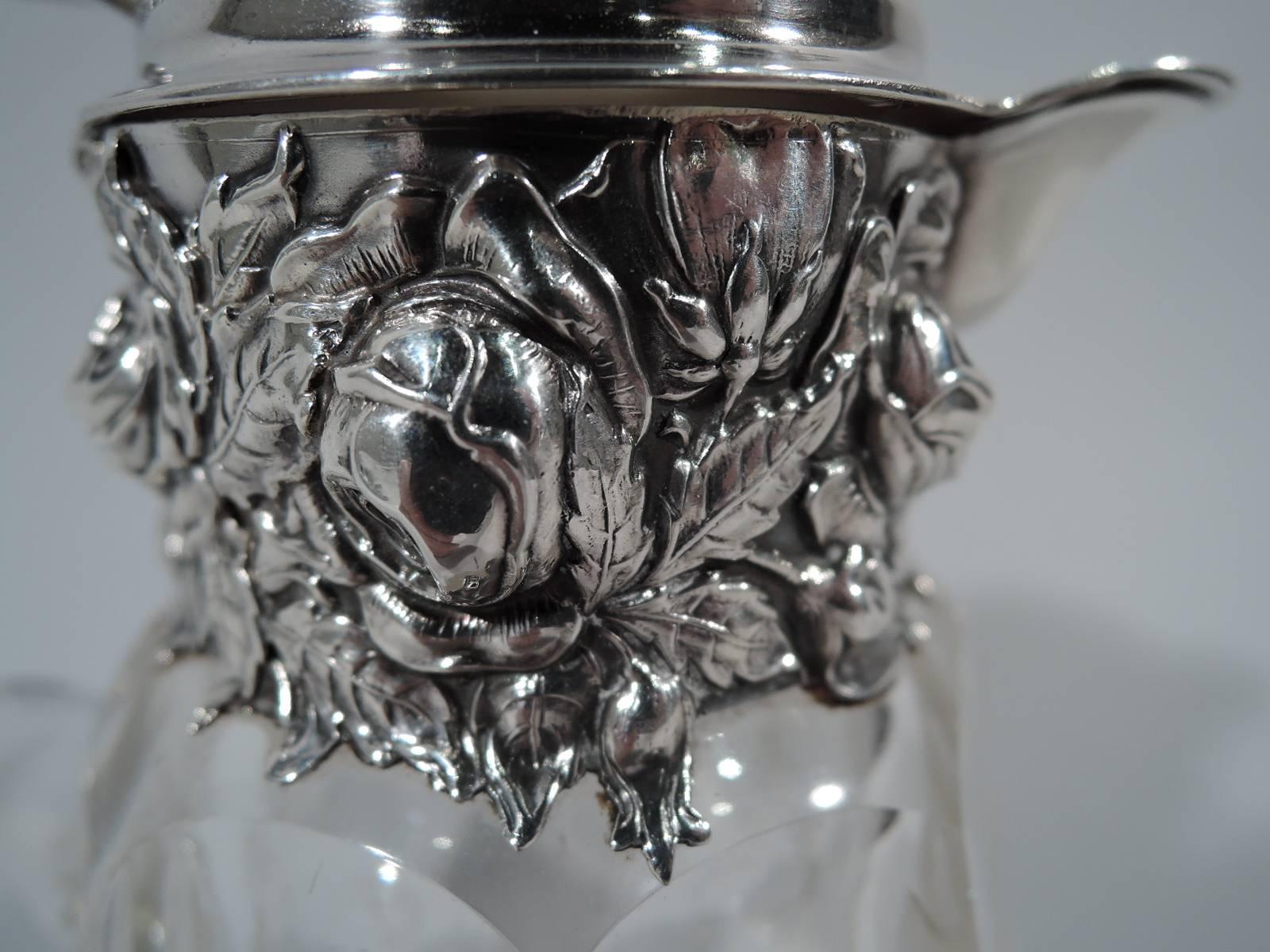 20th Century Antique American Repousse Sterling Silver and Etched Glass Syrup Jug