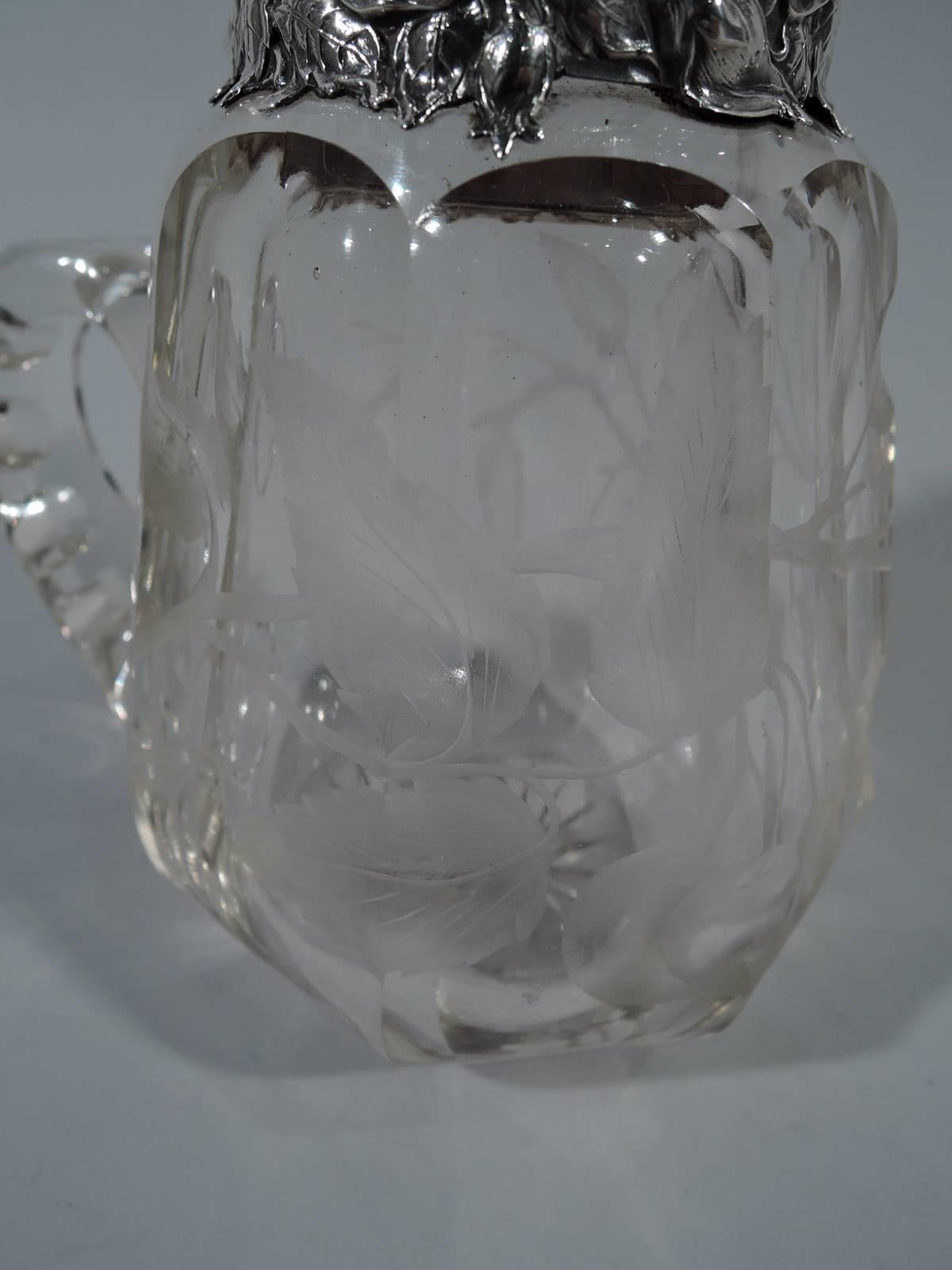 Antique American Repousse Sterling Silver and Etched Glass Syrup Jug 3