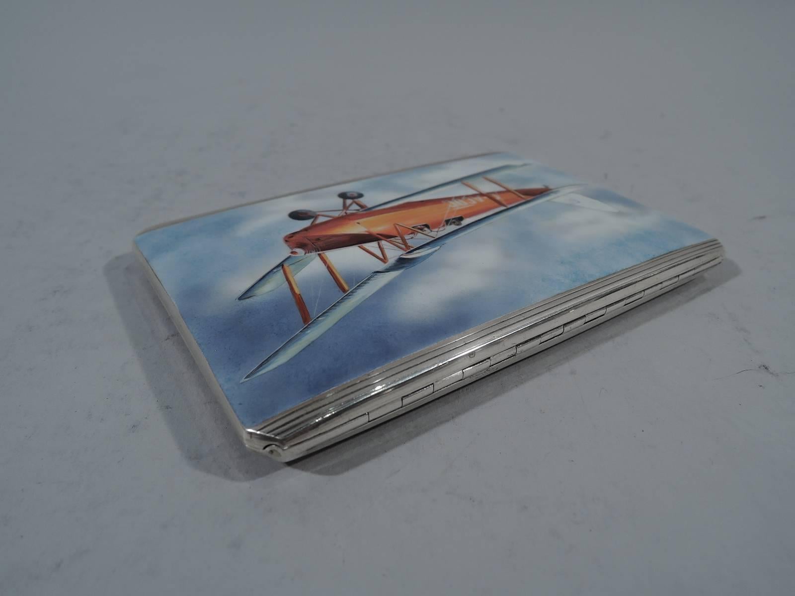 Modern English Sterling Silver and Enamel Case with Airplane