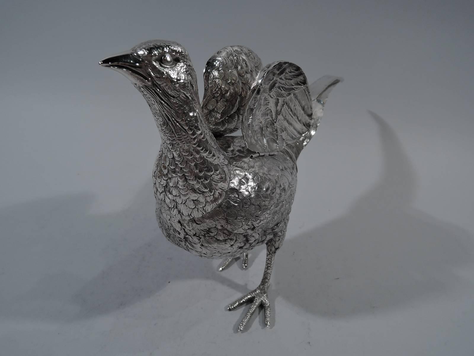 Victorian Antique German Silver Bird Spice Box in Form of Strutting Pheasant