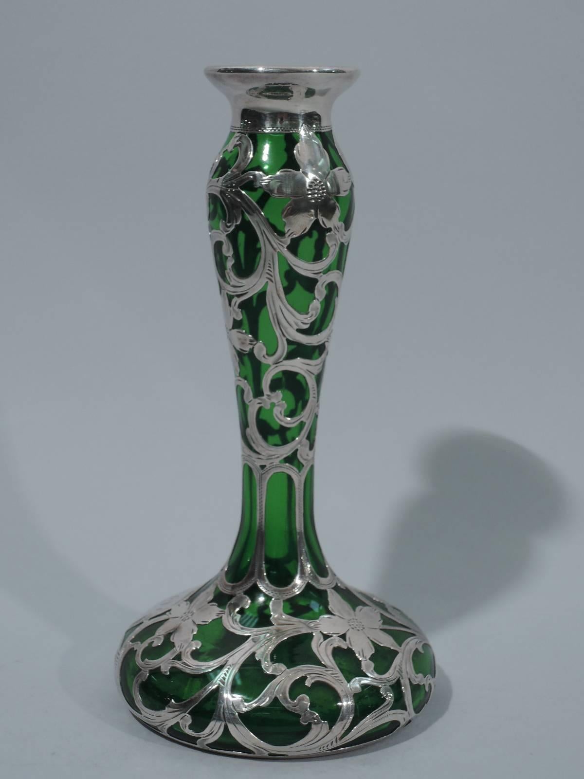 American Alvin Art Nouveau Silver Overlay Emerald Glass Vase